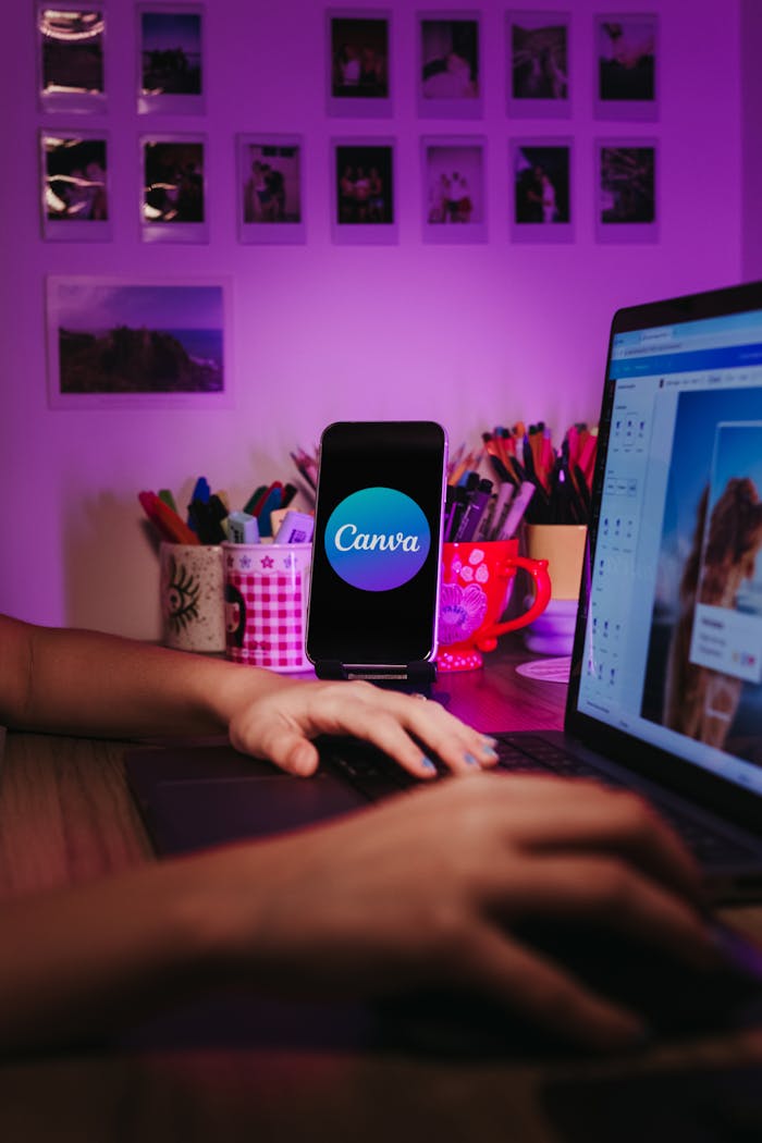 services-03 A creative home workspace with a laptop and smartphone displaying Canva, showcasing a vibrant, organized desk setup.