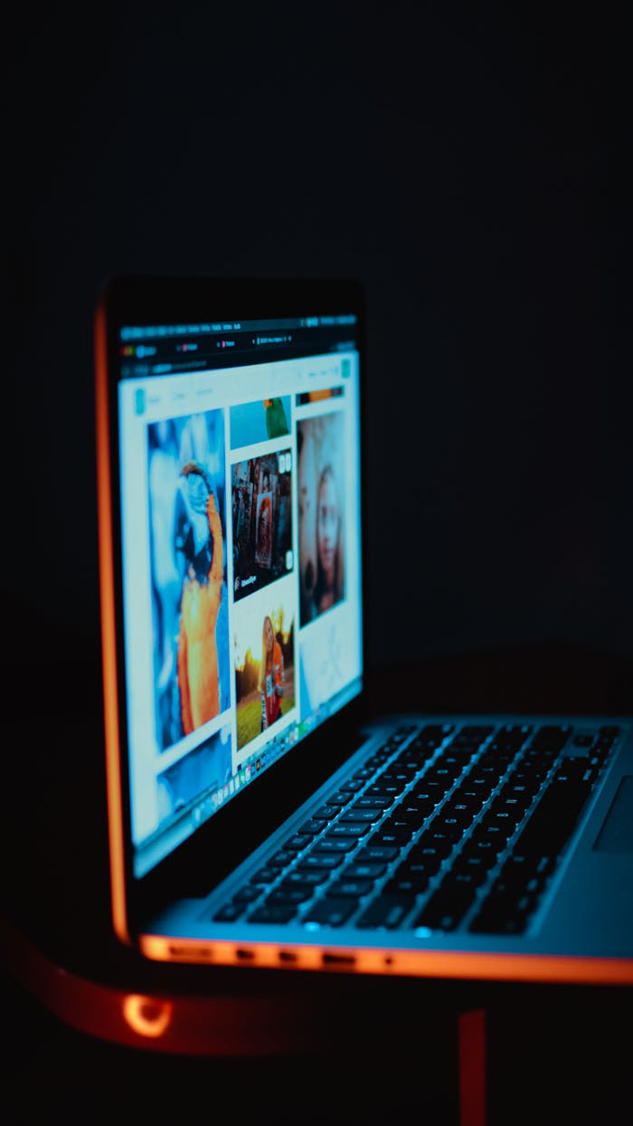 services-01 A laptop screen showing pictures in a dimly lit room, highlighting digital era browsing.